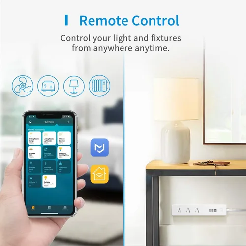 Vista 4 de Meross Regleta inteligente compatible con Apple HomeKit, Siri, Alexa y Google Home, protector de sobretensiones WiFi con 3 salidas de CA, 4 puertos