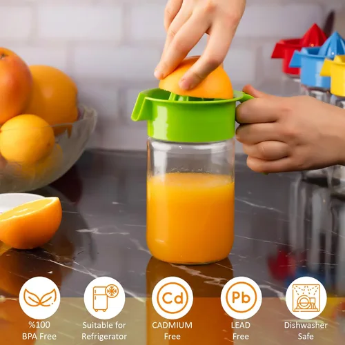Vista 2 de Exprimidor de limón de vidrio, exprimidor pequeño de pomelo y cítricos, extractor manual con mango y boquilla de vertido, sin BPA y sin plomo, Verde