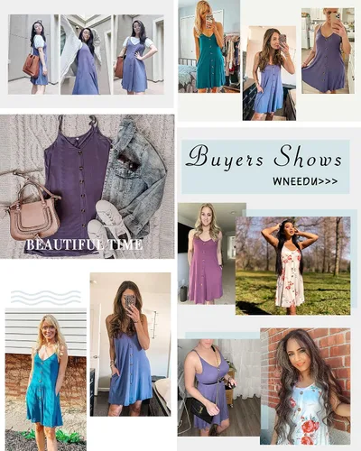 Vista 2 de WNEEDU - Vestido de verano para mujer diseño informal con tirantes delgados escote en V botones y bolsillos para cubrir el traje de baño en la playa