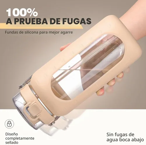 Vista 3 de BLUEGO Botella de agua de vidrio de 64 onzas con mango de acero inoxidable, botella de agua grande con marcadores de tiempo y funda de silicona Ámbar