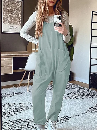 Vista 2 de DEEP SELF Overol suelto casual con cuello en V para mujer, sin mangas, tirantes delgados ajustables, pantalones largos harén, overoles con bolsillos