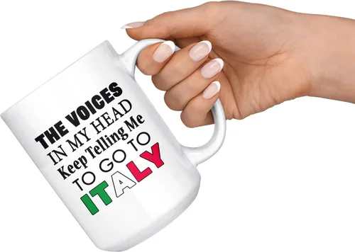 Vista 3 de P.S. I Love Italy Taza de café grande – Voces en mi cabeza – Taza de cerámica blanca personalizada para caliente y fría con diseños divertidos