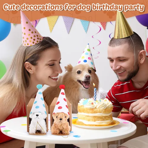 Vista 5 de Juego de 20 Mini Juguetes de Peluche Animales de Peluche Perros con Sombreros de Cumpleaños Cajas de Papel Kraft Cachorros de Peluche Pequeños