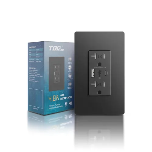 Vista 16 de TOPELER Toma de pared USB, receptáculo de cargador USB de 4.8 A con puertos tipo A y tipo C, enchufe dúplex de 15 amperios resistente a