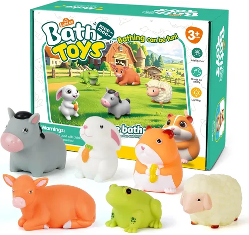 Vista 6 de Juguetes de baño para niños pequeños de 1 a 3: 6 piezas de juguetes de baño de animales de granja iluminados, juguetes de baño para bebés, juguete