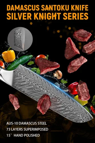 Vista 4 de Cuchillo Santoku de 7 pulgadas, cuchillos japoneses AUS-10 de cocina de acero Damasco con diseño de mango ergonómico