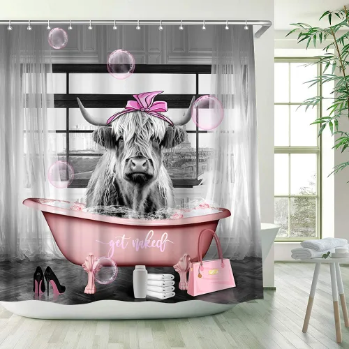 Vista 3 de Juego de 2 cortinas de ducha para baño, diseño de vaca de las tierras altas, color rosa, divertido y lindo animal para tina, bolsa de tacón alto