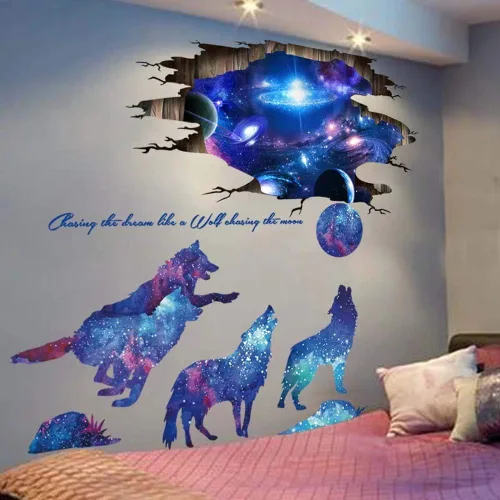 Vista 4 de Calcomanías de pared 3D de PVC, diseño mágico 3D de cielo estrellado estrellado, lobo y luna, para pared, de la vía láctea, espacio exterior