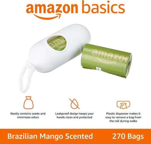 Vista 2 de AmazonBasics Bolsas Mejoradas para Desechos de Perro con Dispensador y Clip para Correa - 270 Unidades, Mango Brasileño