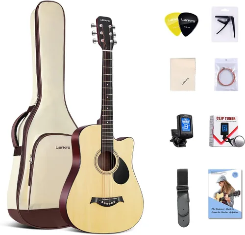 Vista 7 de Guitarra acústica negra de 38 pulgadas, kit para principiantes de guitarra acústica para adultos, juego de iniciación con bolsa acolchada, correa