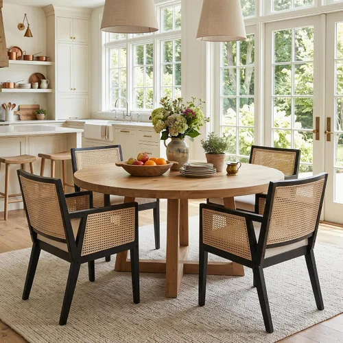 Vista 11 de HNY Juego de 2 sillas de comedor de ratán estilo granja, marco de madera maciza negra, asiento tapizado de lino, sillas de comedor ergonómicas