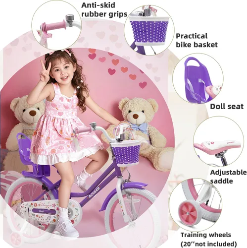 Vista 4 de ACEGER Girls Bike with Basket for Ages 2-12 Years Old Kids, 12 14 16 18 Inch with Training Wheels，Princess Style with Streamers, Handbrake & Coaster