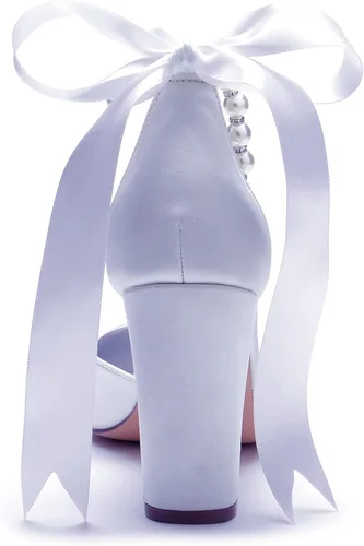Vista 5 de Zapatos de boda blancos perla para novia de tacón alto puntiagudo zapatos de novia tacones de bloque de satén vestido de fiesta sandalias