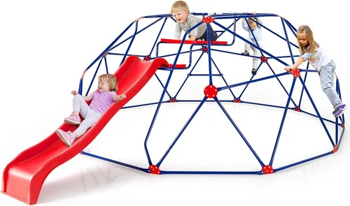 Vista 11 de Olakids Cúpula de escalada con tobogán, para niños al aire libre, gimnasio, cúpula geométrica, marco de acero, estructura de escalada de 8 pies
