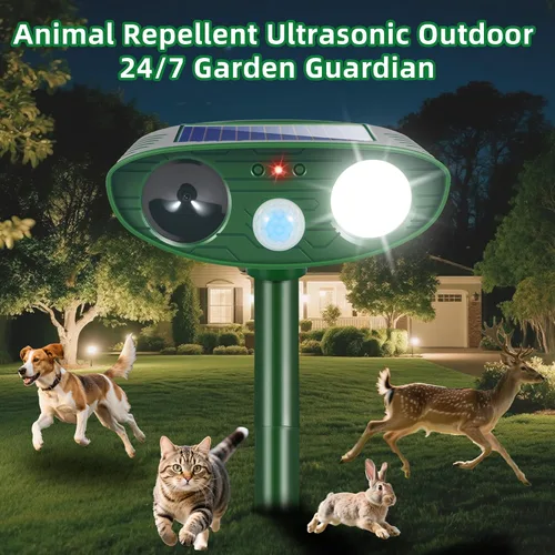 Vista 7 de Repelente ultrasónico para gatos actualizado 2026 para exteriores con luz estroboscópica, repelente de zorrillas de ciervos y ardillas para patio