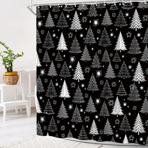 Vista 9 de Cortina de ducha con diseño de árbol de Navidad, color negro y blanco, diseño de árbol de Navidad retro, copo de nieve, diseño de pino de Año Nuevo