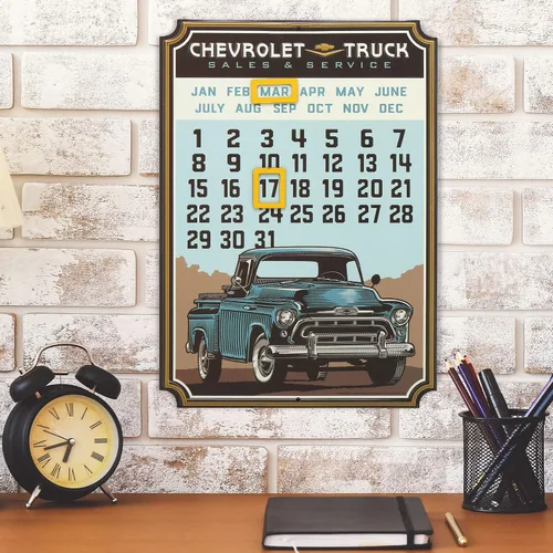 Vista 5 de Calendario de Camiones Chevrolet - Letrero Vintage de Metal en Relieve con Imanes para Garaje, Taller o Cueva del Hombre Azul