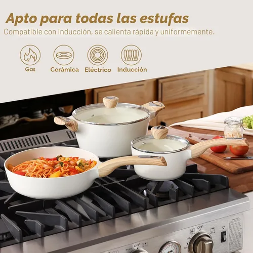 Vista 5 de SENSARTE Juego de utensilios de cocina de cerámica, juego de ollas y sartenes antiadherentes, utensilios de cocina de inducción de 14 piezas,