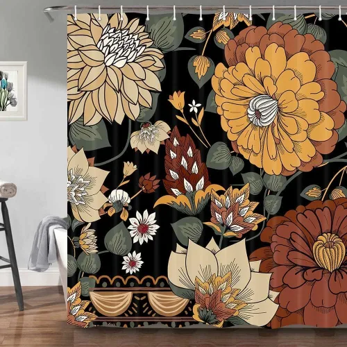 Vista 27 de Torich Cortina de ducha bohemia floral para baño, abstracta de mediados de siglo, decoración bohemia, cortinas de baño, flores botánicas, hojas