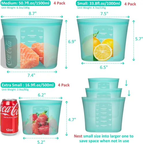 Vista 3 de Bolsas de Alimentos Reutilizables, Paquete de 12 Bolsas de Almacenamiento de Alimentos 100% Silicona que se Mantienen de Pie con Cierre Hermético
