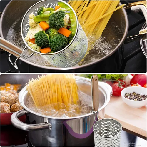 Vista 4 de Colador de Pasta de Acero Inoxidable, 2 piezas Colador de Fideos y Dumplings de Alimentos Microperforado con Mango de Madera, Cestas para Colar