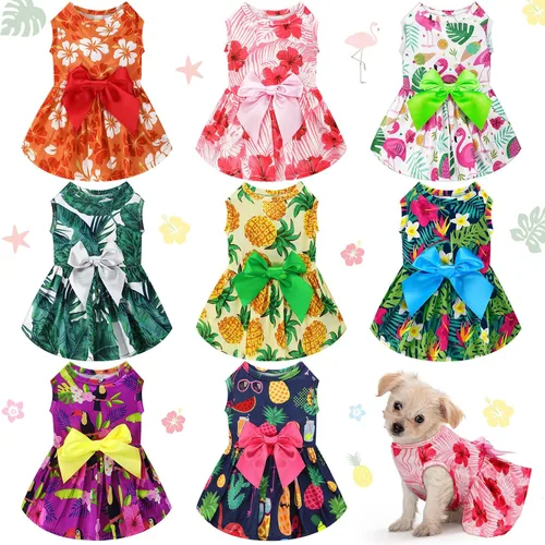 Vista 7 de LEIFIDE 8 piezas de vestidos de verano para perros hawaianos, diseño floral de flamenco, frutas, faldas para mascotas, vestidos de princesa hawaiana
