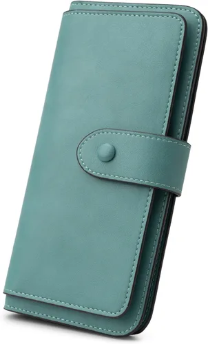 Vista 10 de Cartera de cuero con bloqueo RFID para mujeres, diseño delgado de triple pliegue con 14 ranuras para tarjetas y bolsillo con cremallera, Negro