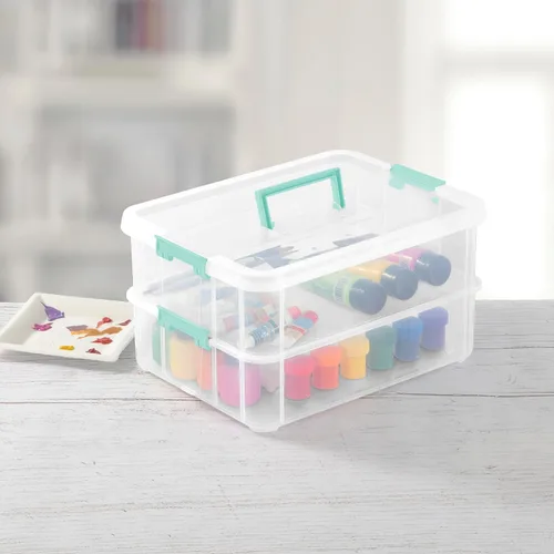 Vista 3 de Sterilite Stack and Carry - Caja de mango de 2 capas, contenedor de almacenamiento pequeño de plástico apilable con tapa de pestillo, contenedor