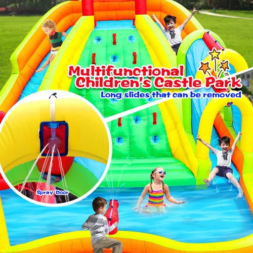 Vista 8 de WELLFUNTIME Parque Inflable de Toboganes de Agua Doble, Casa de Rebote con Pistola de Agua de Arco, Castillo Hinchable con Soplador de Aire