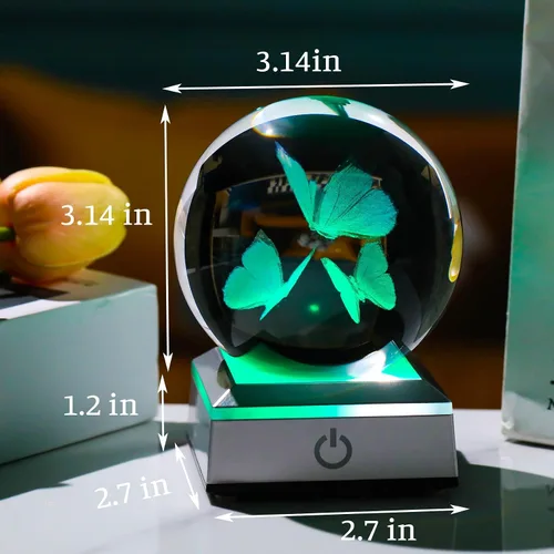 Vista 2 de Movdyka Figura de bola de cristal de mariposa 3D, regalos de mariposas de vidrio para mujeres, mamá, mejores amigas, luz nocturna, estatua