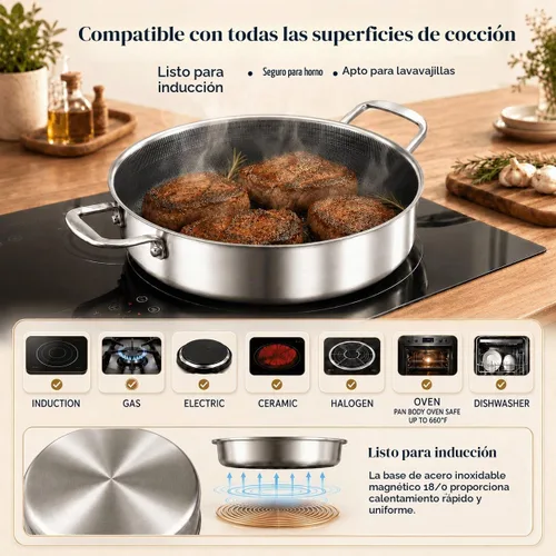 Vista 6 de DELARLO Sartén de tres capas de acero inoxidable de 10 pulgadas Sartén de freír profunda de 3QT con tapa Sartén de saltear con tapa Compatible