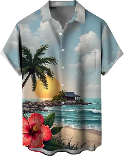 Vista 33 de Camisas tropicales con botones para hombre, camisas hawaianas de manga corta, casuales para vacaciones, camisas de playa holgadas Beige-playa escena