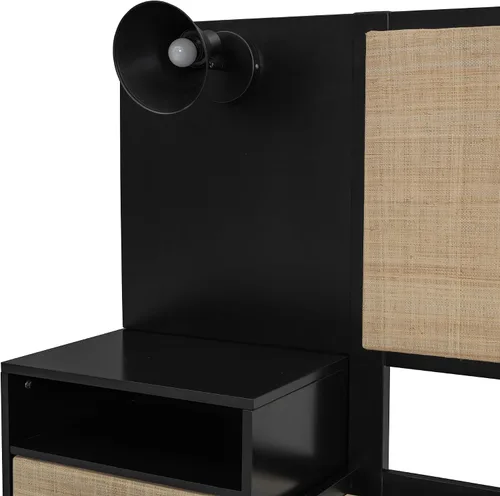 Vista 9 de Harper & Bright Designs Cama de plataforma tamaño Queen con 2 mesitas de noche y 2 lámparas, cama Queen de madera con cabecero, combinación de ratán