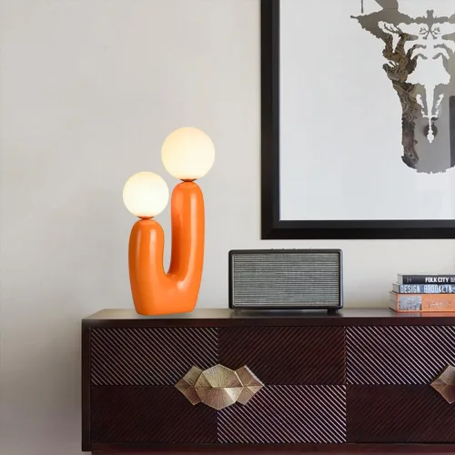 Vista 6 de Lámpara de mesa moderna naranja en forma de cactus con 2 luces, lámpara de seta, esfera de leche blanca de vidrio, lámparas de mesa bonitas