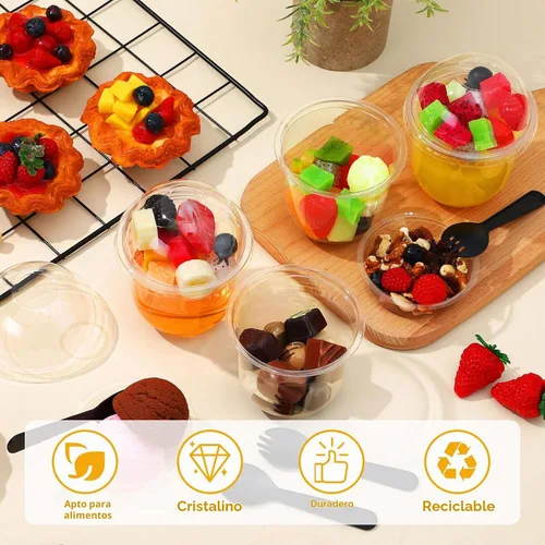 Vista 4 de 60 paquetes de tazas de postre transparentes de plástico con tapas de cúpula sin agujero, desechables, con cuchara-tenedor insertado, redondas
