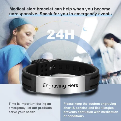 Vista 70 de OPALSTOCK Pulseras médicas personalizadas de silicona ajustable para identificación de emergencias, grabado gratuito, 9 pulgadas, resistente al