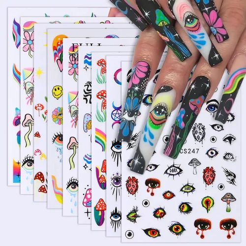 Vista 32 de 8 hojas de calcomanías de uñas de Halloween con diseños de fantasmas lindos, calabaza, araña, telaraña, sangre, llama 3D, autoadhesivas, Otoño