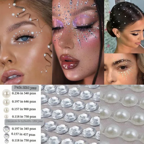 Vista 3 de 4368 piezas de diamantes de imitación transparentes autoadhesivos de cara de perlas blancas, diamantes de imitación transparentes, gemas brillantes
