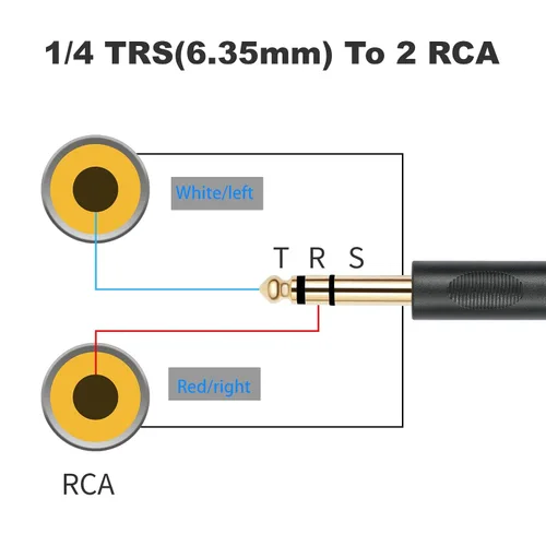 Vista 8 de Conector estéreo TRS macho chapado en oro de 0.250 in 1/4 pulgadas a 2 RCA Phono macho Audio Y Splitter Cable, conector de cable (4.9 ft)