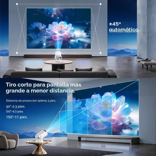 Vista 5 de Mini proyector con WiFi y Bluetooth, proyector de película portátil inteligente compatible con 4K, 300 ANSI, altavoz base de 5 W, rotación de 220°