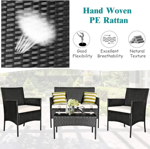 Vista 2 de Juego de muebles de patio de 4 piezas, juego de conversación al aire libre con respaldo ergonómico curvo, juego de sillas de patio con cojín