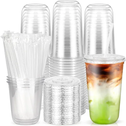 Vista 9 de 100 piezas de 12 onzas. Vasos desechables de plástico con tapas planas y popotes transparentes, vasos de fondo redondo para llevar café helado