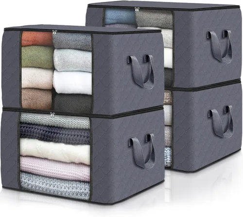 Vista 26 de Fab totes Paquete de 3 bolsas de almacenamiento plegables de tela gruesa, contenedores para organizar dormitorio, armario, ropa, edredón, Beige