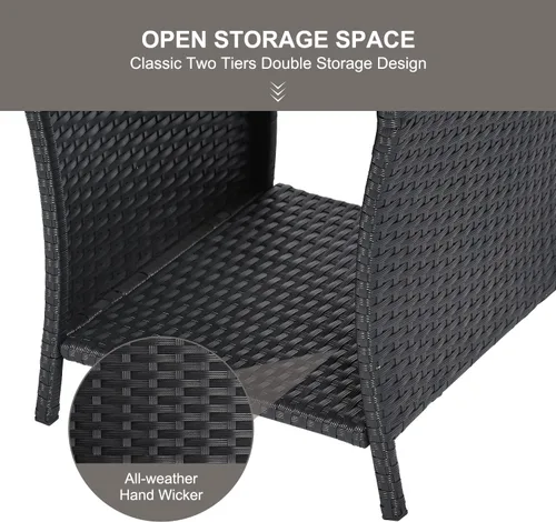 Vista 6 de Mesa auxiliar de patio al aire libre, pequeña mesa auxiliar de mimbre negro para almacenamiento exterior, mesa de centro con mesa de madera