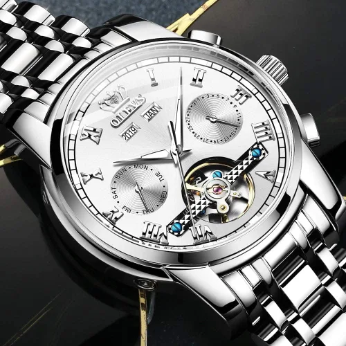 Vista 7 de OLEVS Reloj automático para hombre, cuerda automática, mecánica, de lujo, de acero inoxidable, multicalendario, impermeable, luminoso, reloj