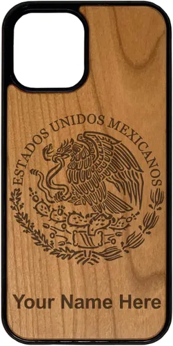 Vista 6 de Funda de madera natural compatible con iPhone, bandera de México, grabado personalizado incluido (bambú)