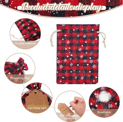 Vista 6 de Shappy 48 bolsas de Navidad con cordón, bolsas de dulces de arpillera a cuadros búfalo de Navidad, saco de golosinas de lino, obsequio para fiestas