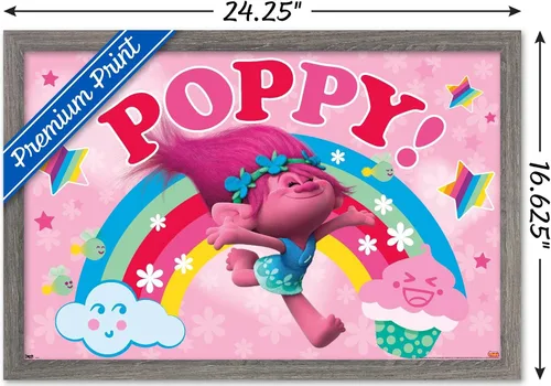 Vista 3 de Trends International Trolls - Póster de pared de amapola, 22.4 pulgadas de largo x 14.7 pulgadas, versión enmarcada en madera de granero Versión