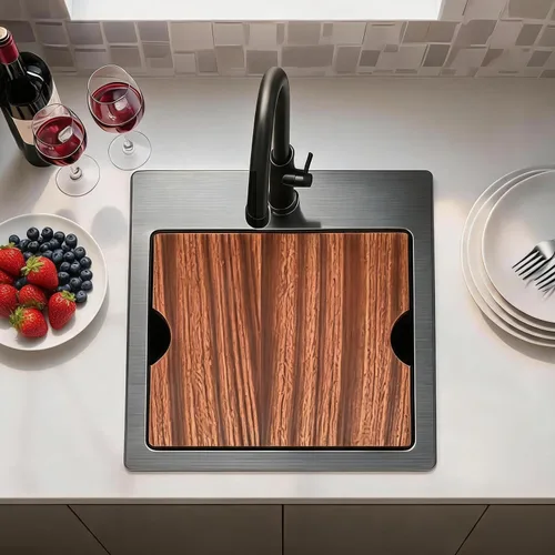 Vista 2 de Fregadero de Barra Negro Empotrable de 15x15 Pulgadas - Fregadero de Cocina Cuadrado Pequeño de Acero Inoxidable de Montaje Superior para Estación