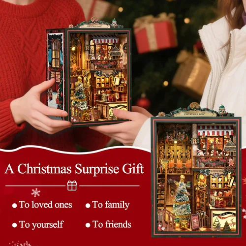 Vista 7 de Kit de rincón de libro de Navidad, casa de muñecas en miniatura 3D, rompecabezas de madera con caja de música, luz LED, regalos de Navidad